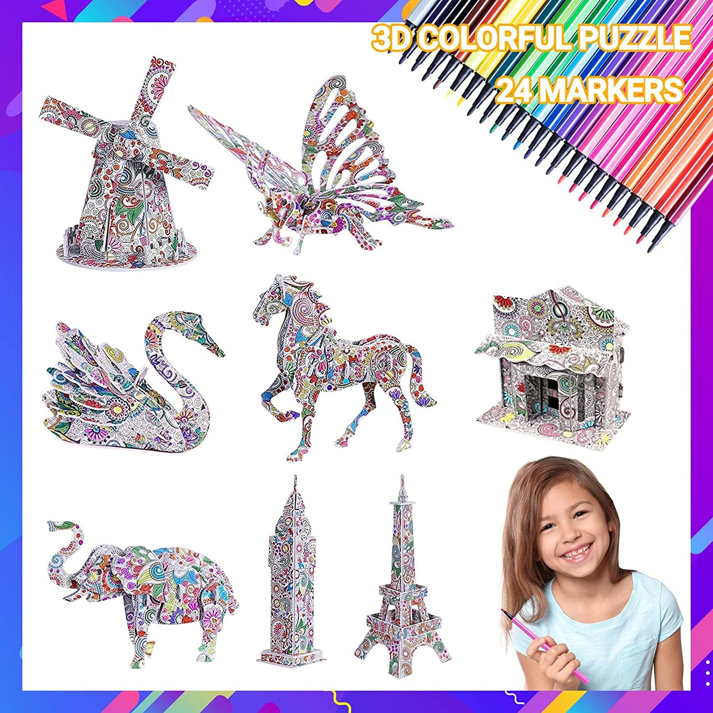 SUNNYPIG 3D Coloring Puzzles with 10 Pen Markers for Kid Age 7 8
