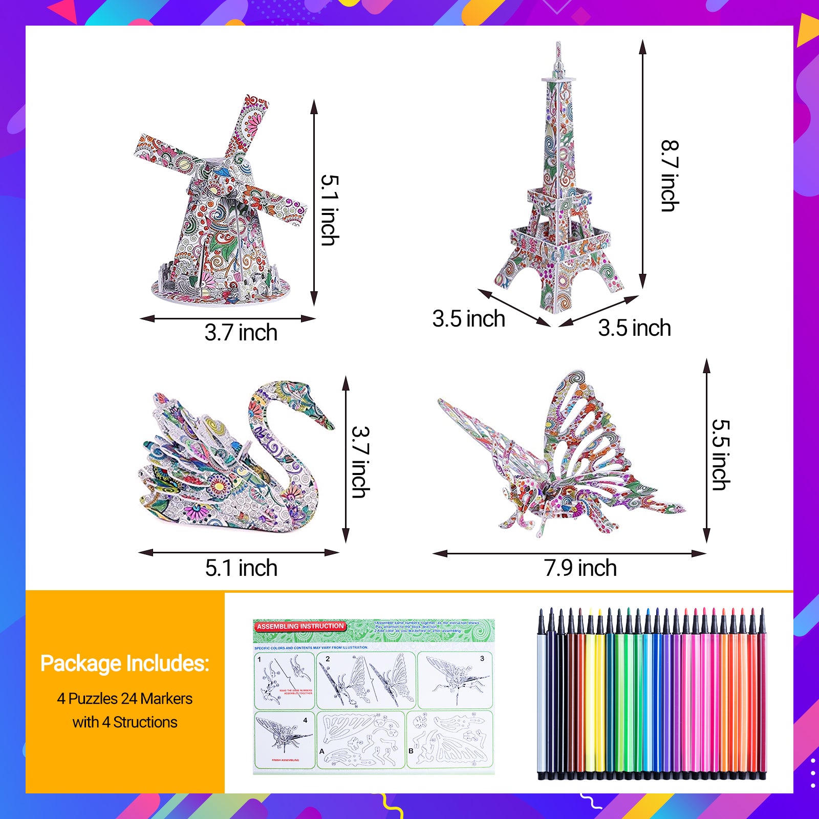 Kids 3D Puzzle Set Elk, Art Coloring Painting Puzzle with 10 Coloring Pen  Educational Creative DIY Toy Gift for for 3 4 5 6 7 8 9 10 11 12 Year Old